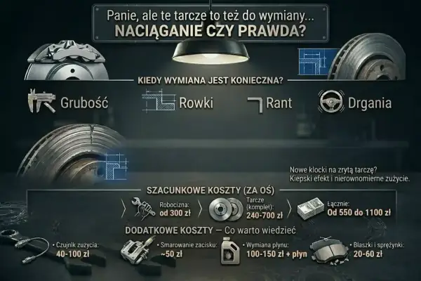 Szacunkowa wymiana klocków hamulcowych cena: od 550 do 1100 zł za oś, obejmuje robociznę i tarcze. Dodatkowe koszty to czujniki, smarowanie, płyn i blaszki.
