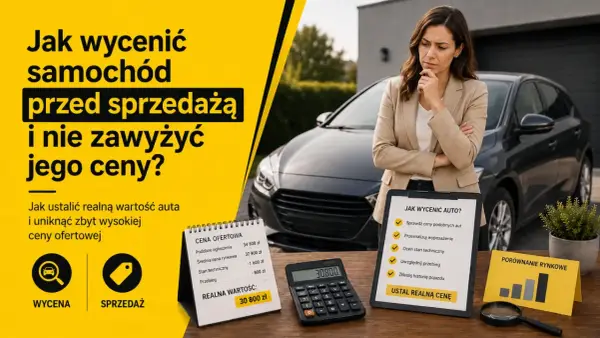 Kobieta zastanawia się nad ceną rynkową samochodu. Obok kalkulator i notatki z wyceną auta.