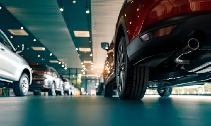 Nowe samochody w salonie, w tym czerwony SUV z widocznym układem wydechowym. Zastanawiasz się, ac co to za model?