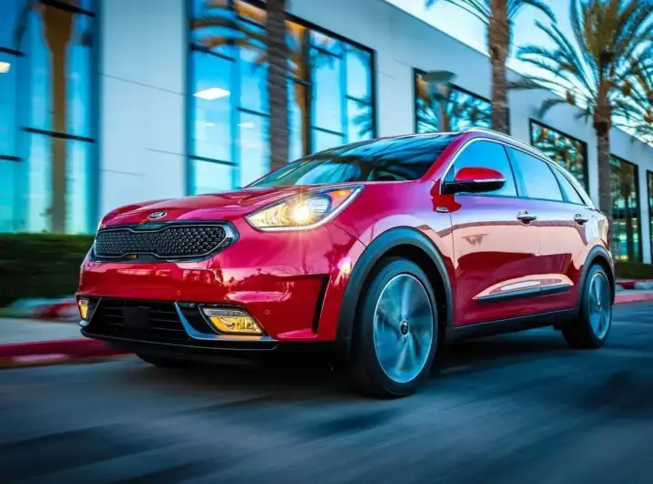 Czerwony Kia Niro w ruchu, z widocznymi światłami i felgami. Choć auto wygląda dynamicznie, warto rozważyć jego wady przed zakupem.