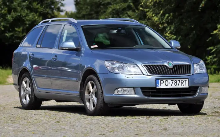 Niebieska Skoda Octavia 2010 kombi stoi na brukowanym podjeździe, otoczona zielenią.