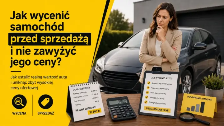 Kobieta zastanawia się nad ceną rynkową samochodu. Obok kalkulator i notatki z wyceną auta.