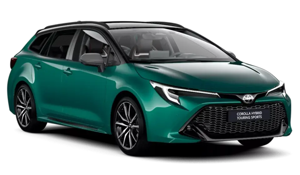Zielony Toyota Corolla Touring Sports z czarnym dachem i felgami, gotowy na każdą podróż.